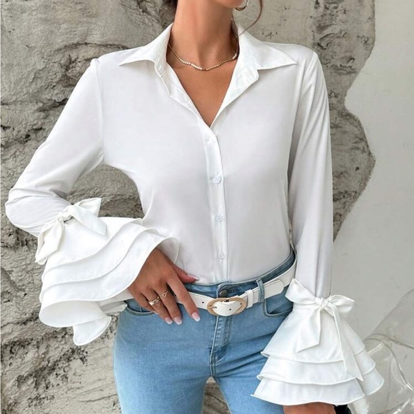Classic Elegant Ruffle Sleeve Button Down Shirt Top Blouse - Picture 3 of 6
